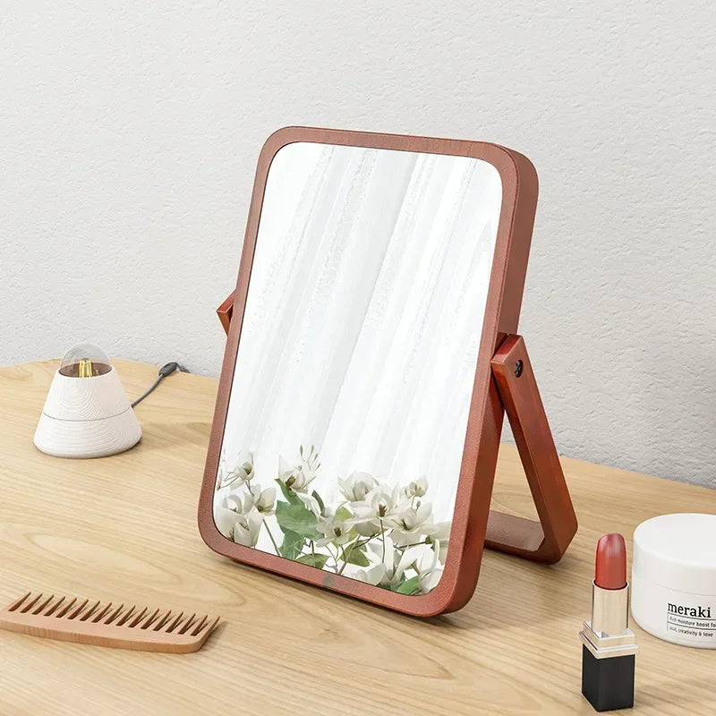 Foldable 360° Wooden Framed Desktop Makeup Mirror, HD Reflection