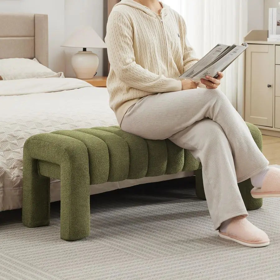 Bedroom Bench – Green Boucle Upholstered Seat With Solid Wood Legs.