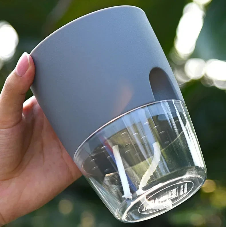 Transparent Self-Watering Double-Layer Plant Pot with Cotton Wick Reservoir
