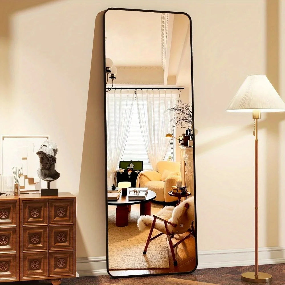 59-inch Full-Length Rounded Corner Mirror with Black Aluminum Frame