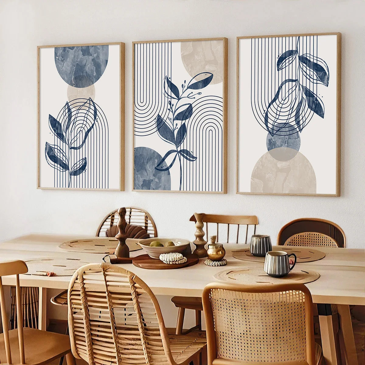 Bohemian Navy Blue Beige Abstract Geometric Plant Wall Art Prints