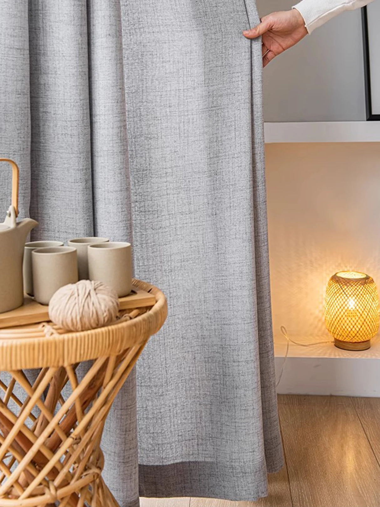 Grey Linen-Feel Semi-Sheer Voile Curtains 100% Polyester Rod-Pocket Panels