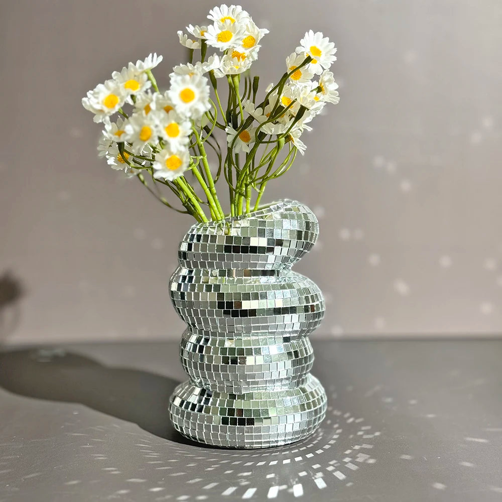 Silver Disco Ball Spiral Glass Vase with Mosaic Mirror Tiles