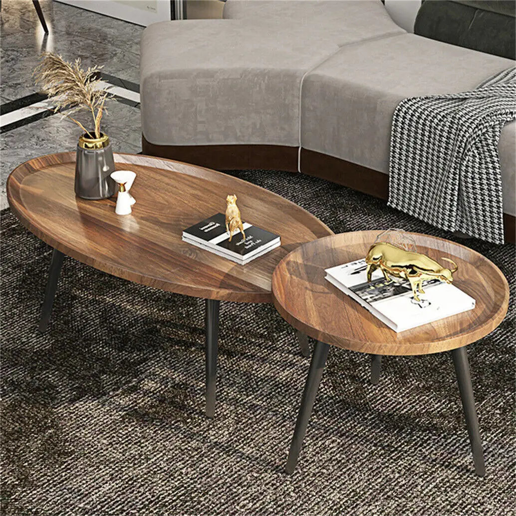 Walnut Oval Irregular Coffee Table Set with Triangle Legs