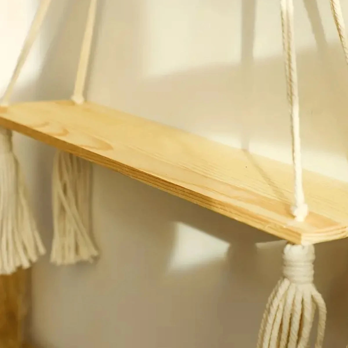 Boho Macrame Rustic Wood Floating Wall Shelf for Home