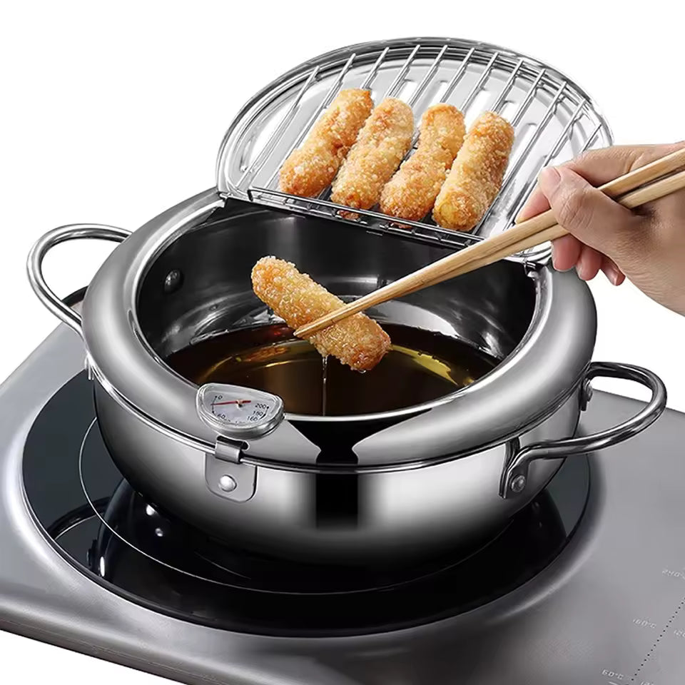 Japanese Deep Frying Pot with Thermometer - Stainless Steel Tempura Fryer Pan