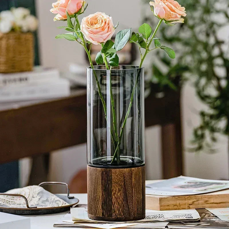 European Transparent Glass Hydroponic Vase with Wooden Base Stand