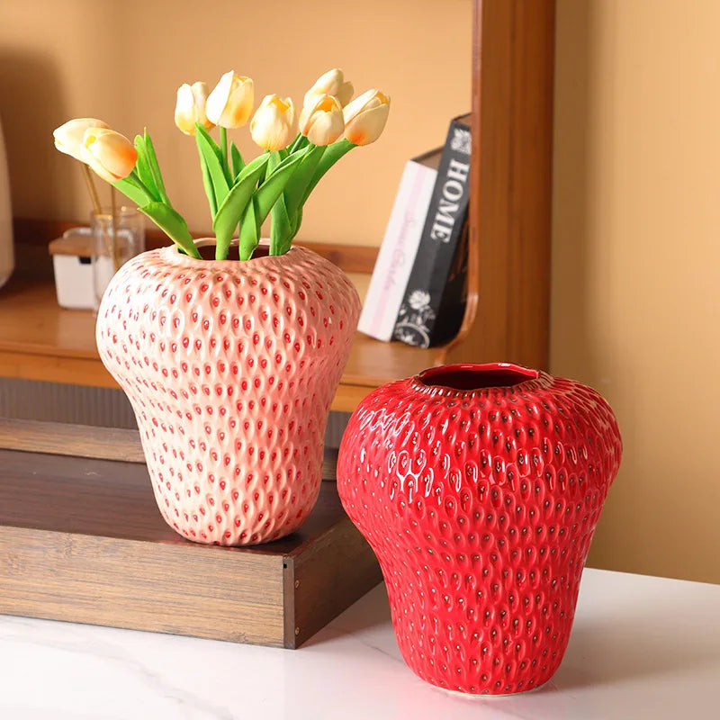 Cute Strawberry Ceramic Vase Kids Room Decorative Flower Pot