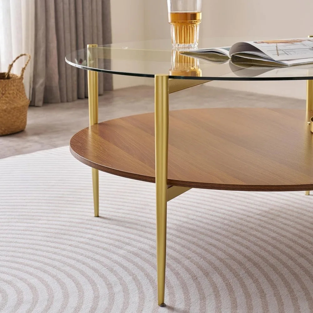 Mid Century Round Coffee Table Tempered Glass Top and Shelf