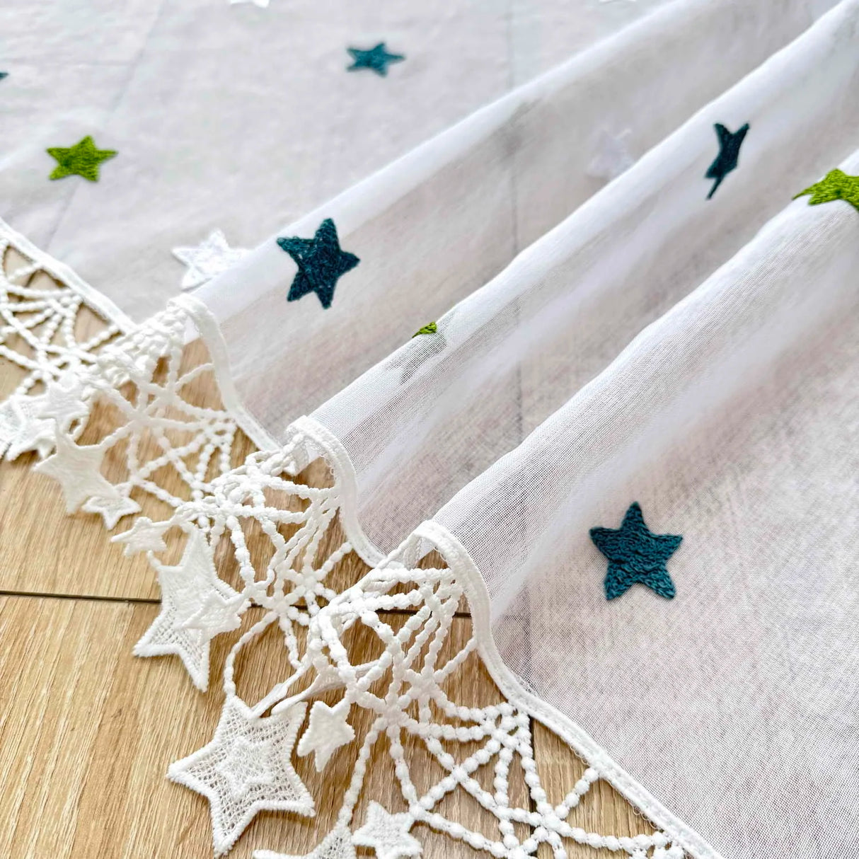 Green Star Embroidered Voile Sheer Kitchen Curtain Panel with Lace