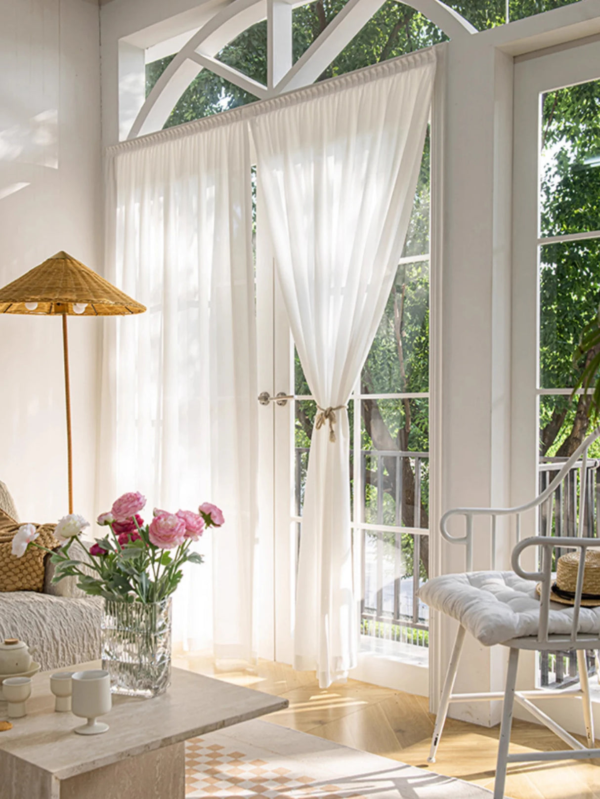 Self-Adhesive Semi-Blackout Bay Window Gauze Curtain Panel White