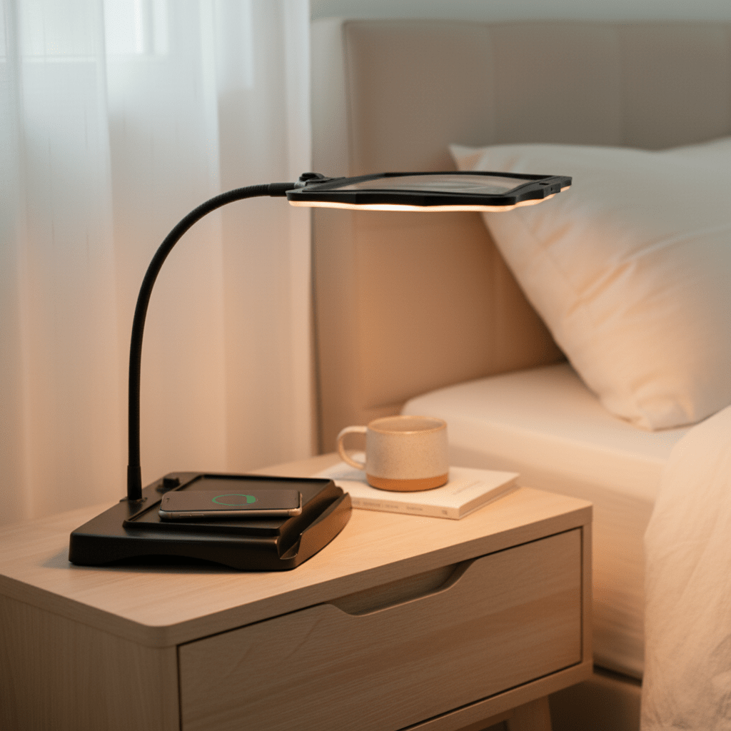 Gooseneck LED magnifying desk lamp product photo on plain background