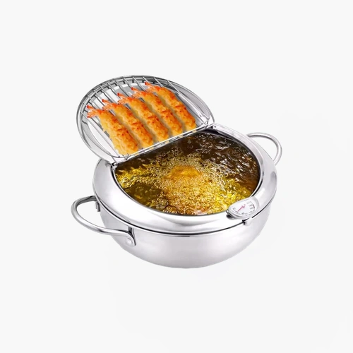 Japanese Deep Frying Pot with Thermometer - Stainless Steel Tempura Fryer Pan