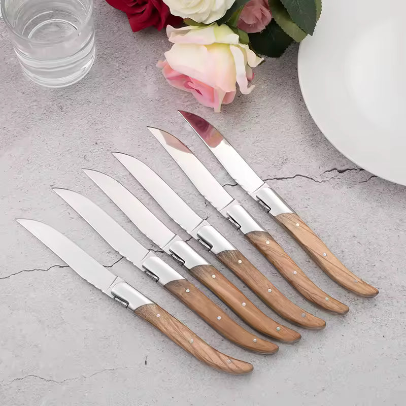 Laguiole Steak Knives – Olive Wood Handle Stainless Steel Dining Set Hurbane Home