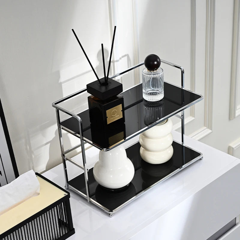 Double‑Layer Desktop Storage Rack with Acrylic Cup & Cosmetic Organizer