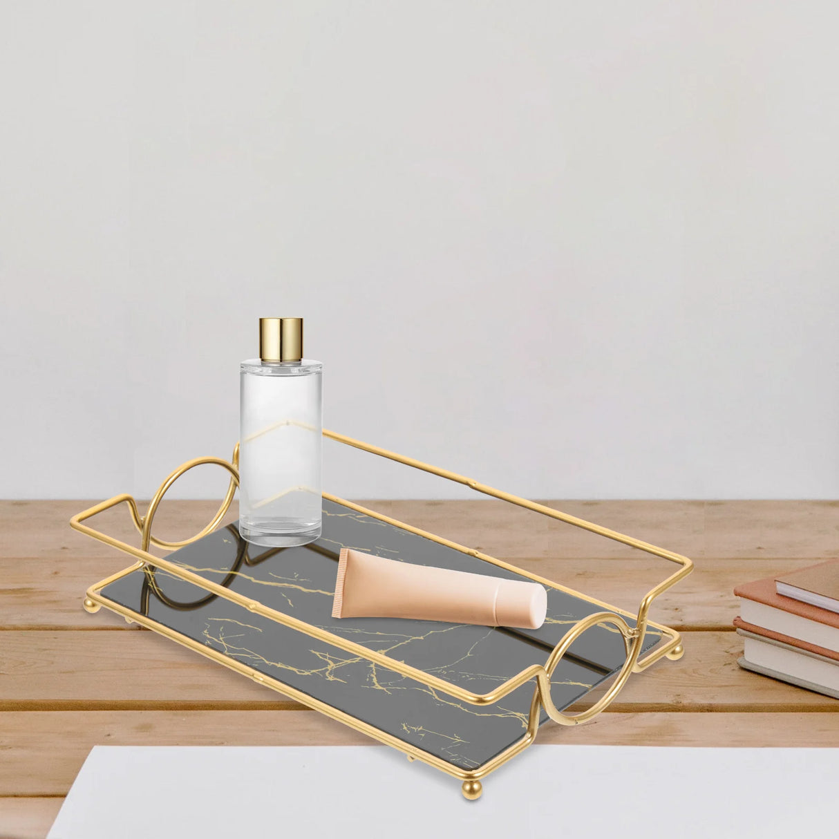 Glass Vanity Tray with Iron Frame Countertop Makeup Organizer