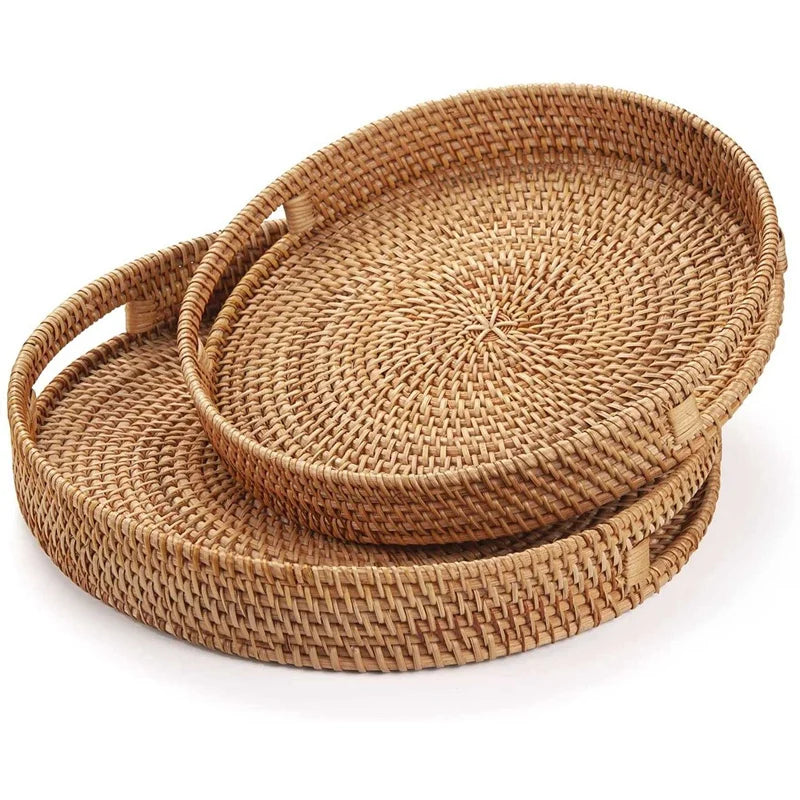 Handwoven Round Rattan Serving Tray with Handles Rustic Natural