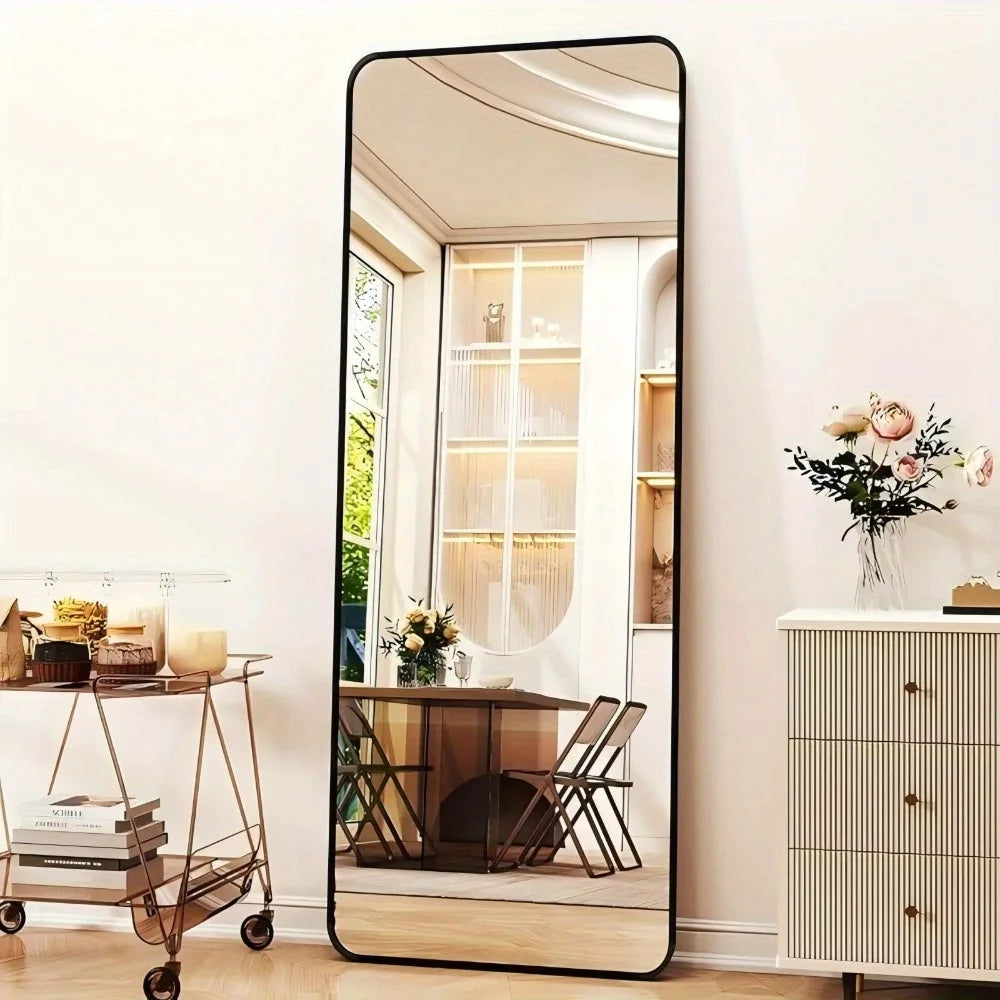 59-inch Full-Length Rounded Corner Mirror with Black Aluminum Frame