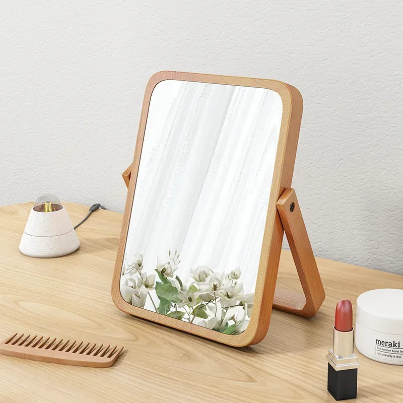 Foldable 360° Wooden Framed Desktop Makeup Mirror, HD Reflection