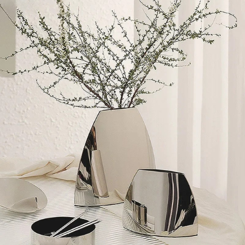 Minimalist Arc-Shaped Metal Tabletop Vase Sculpture, Silver Finish