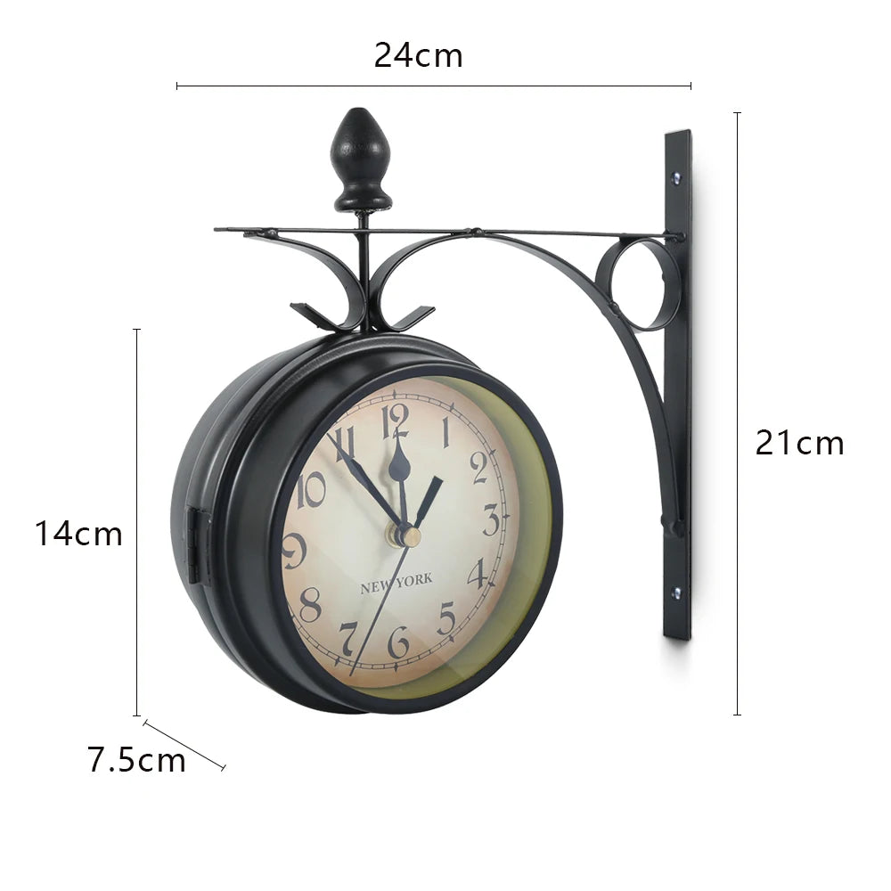 Retro Double-Sided Antique Metal Wall Clock – Silent Battery-Operated