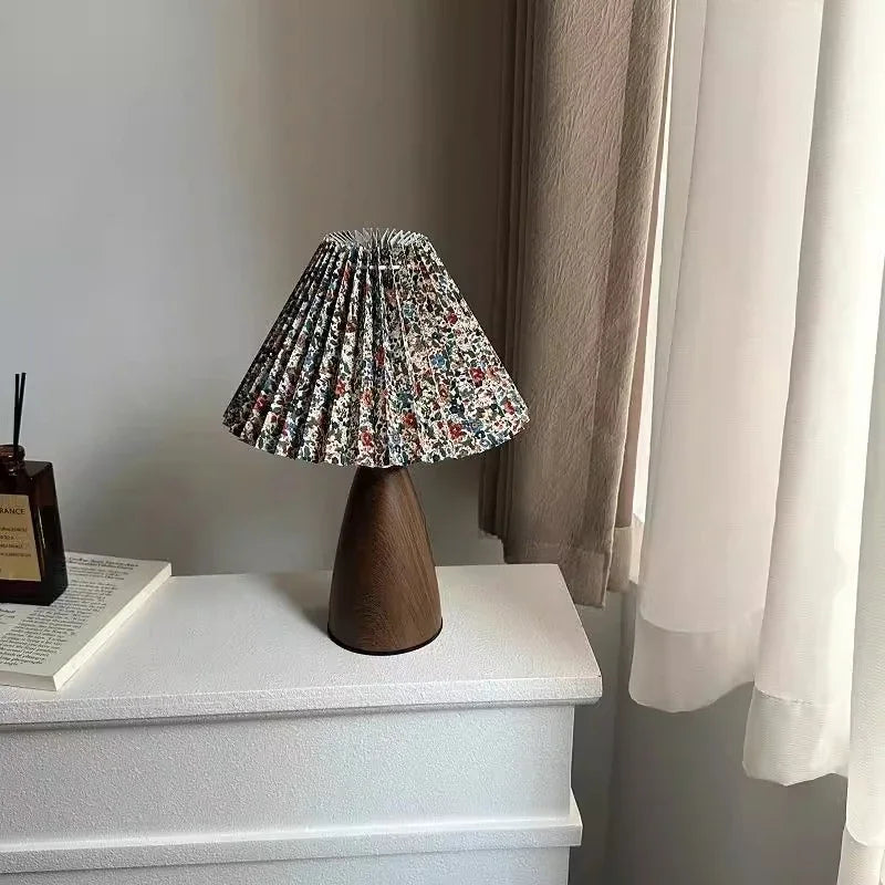 Walnut Ceramic Pleated Desk Lamp Floral Linen Shade USB Power