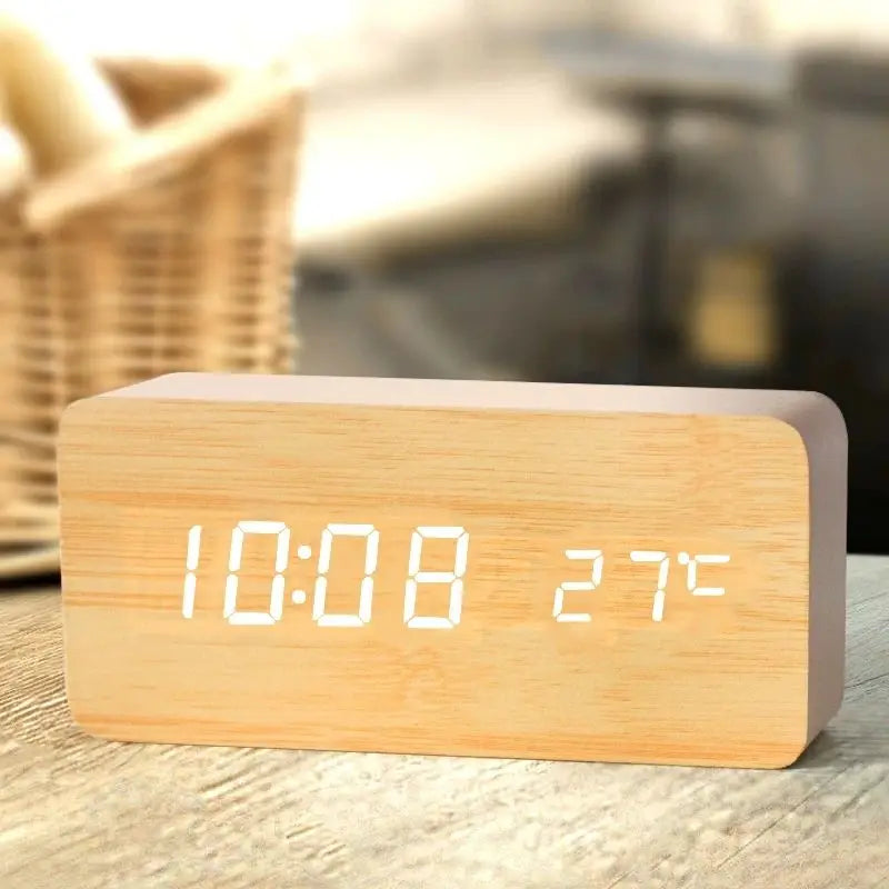 Wooden LED Digital Alarm Clock with Temperature Display, 3 Alarms