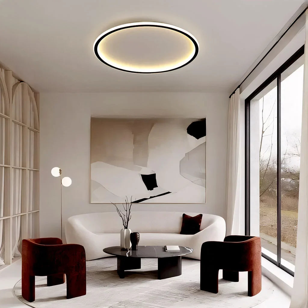 Black round ceiling light lighting an open modern living space