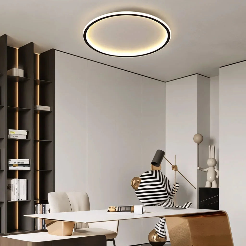 Black round ceiling light installed above a tidy home office room