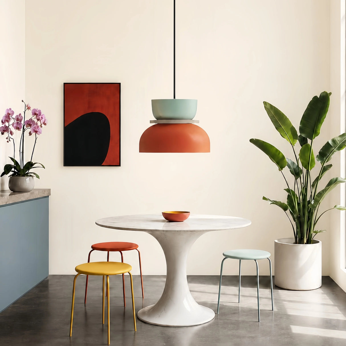 Light blue and orange pendant in a white dining room with stools and a plant