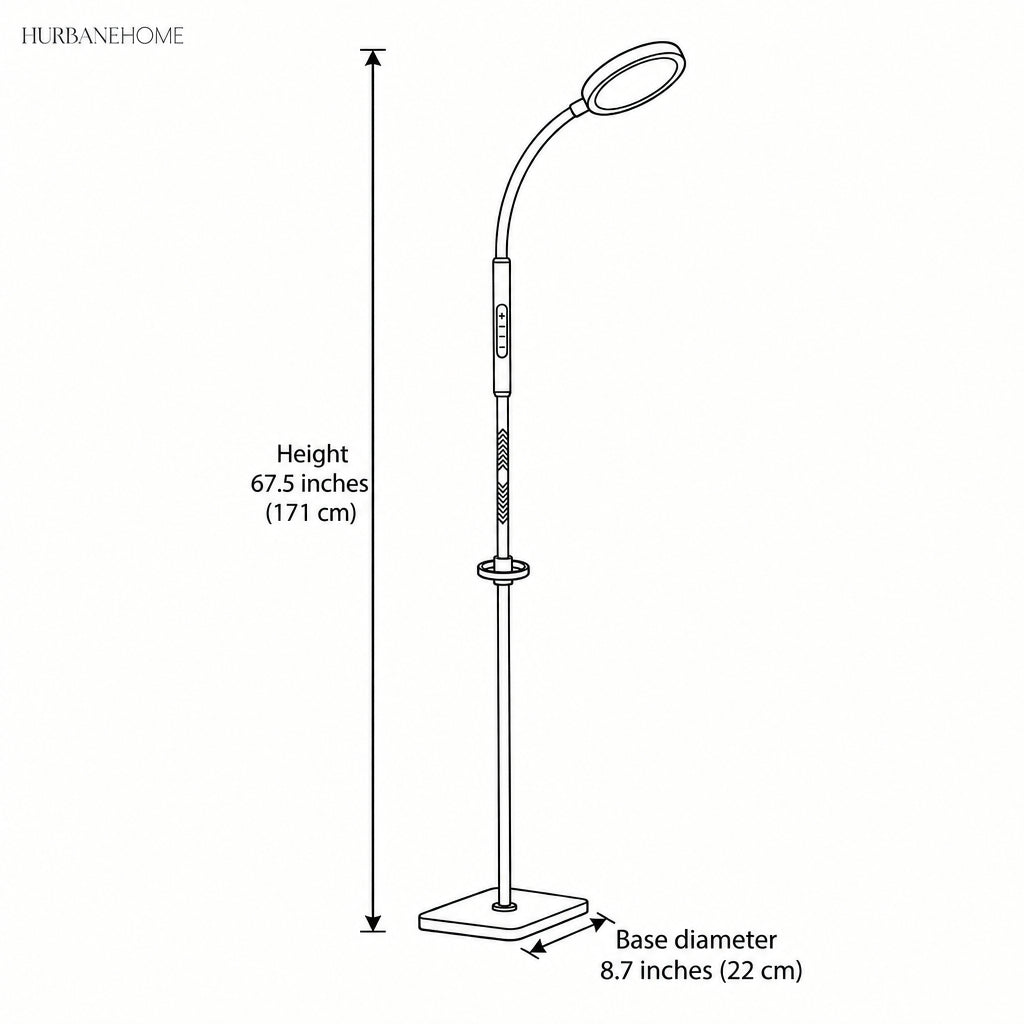 Dimension drawing of the floor lamp, 67.5 inches tall on an 8.7 inch base