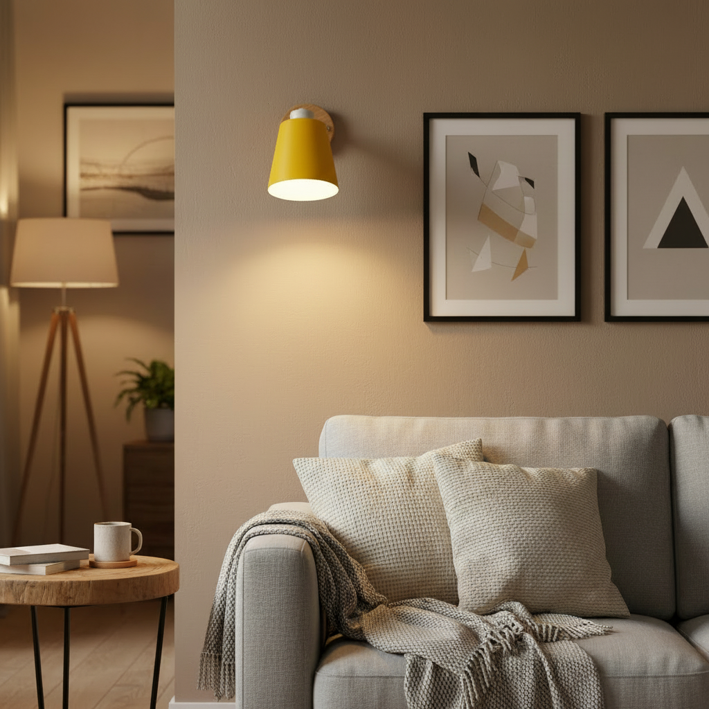 Adjustable Wall Sconce Wood Arm Tilting Metal Shade