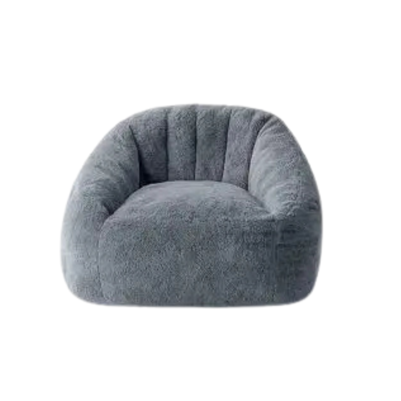 Plush lounging seat styled as adult beanbag chair in dark gray faux fur