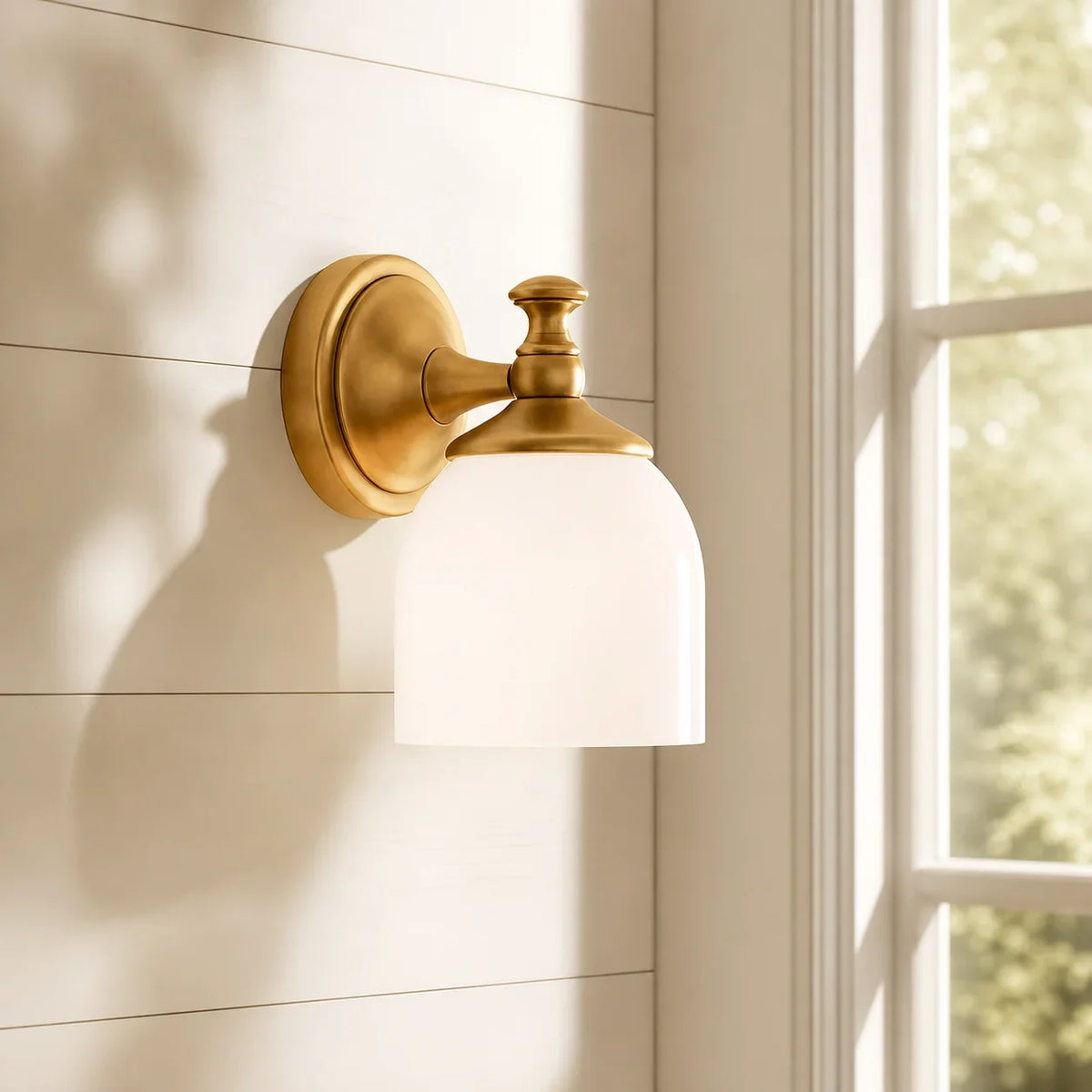 Antique brass milk glass wall sconce alternative angle view 1