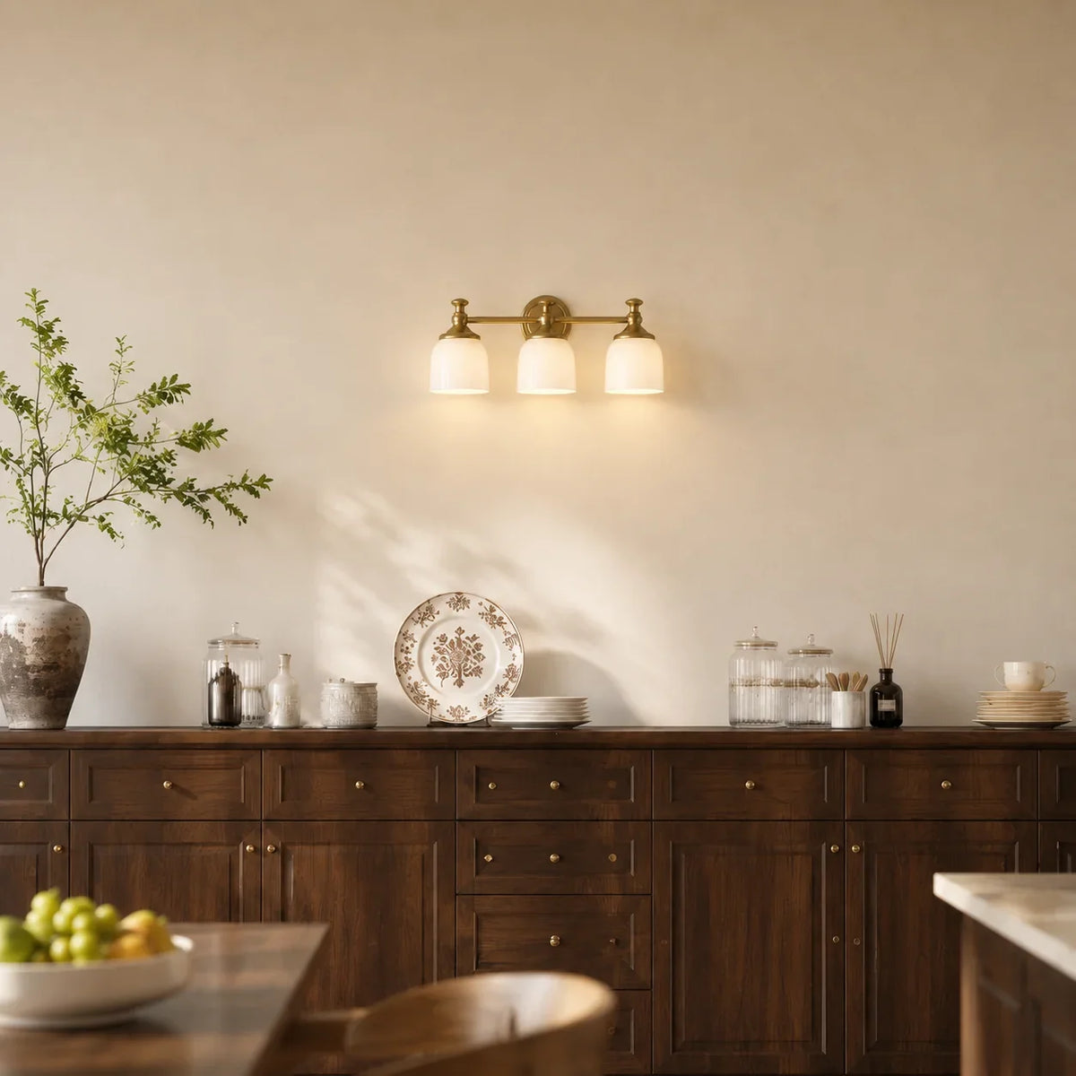 Antique brass milk glass wall sconce close detail view 2