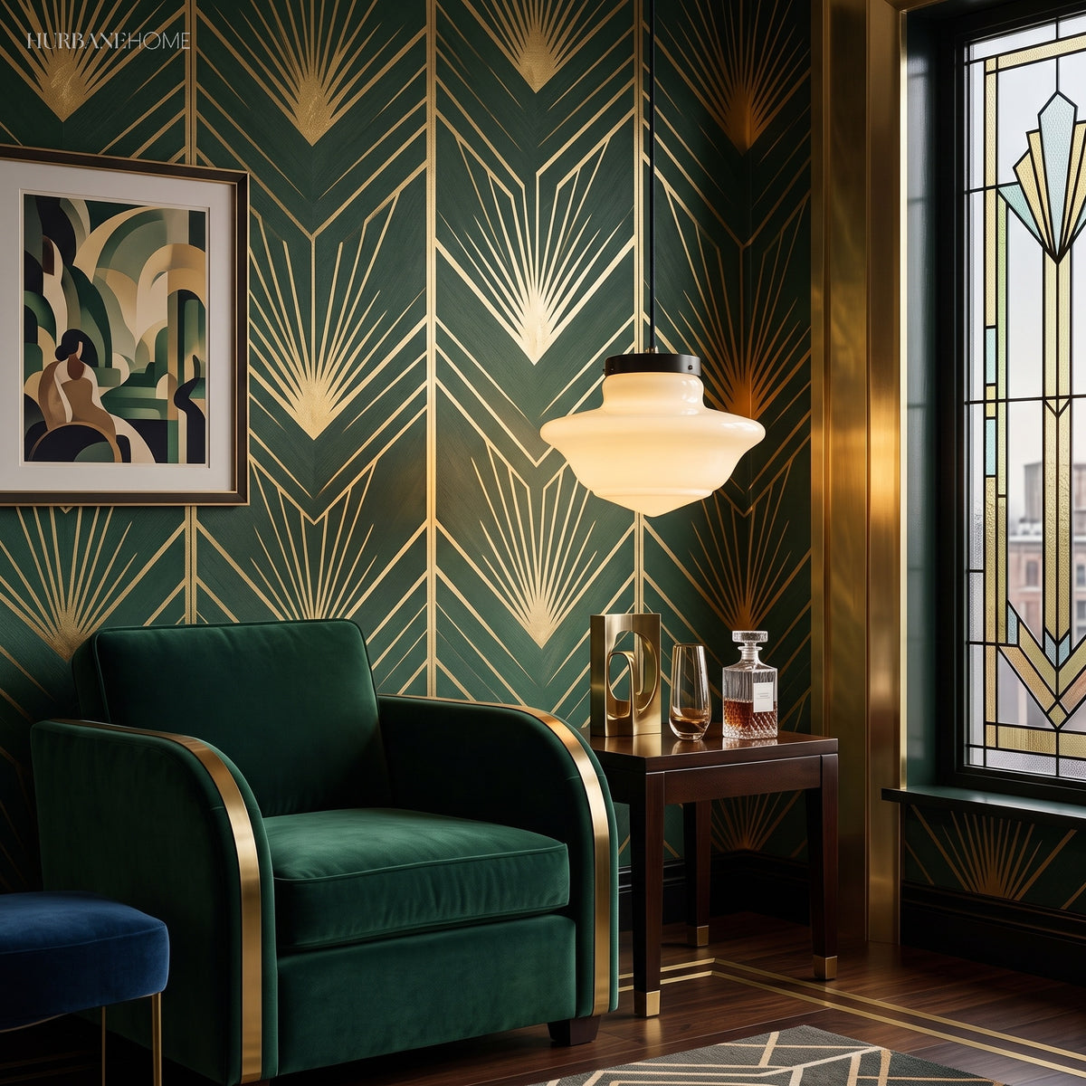 Stepped milk glass pendant lighting a green velvet armchair and window