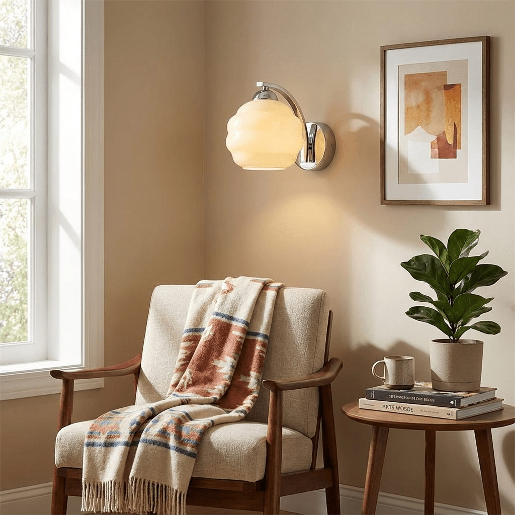 Frosted glass wall sconce with a chrome arm and round plate, view 3