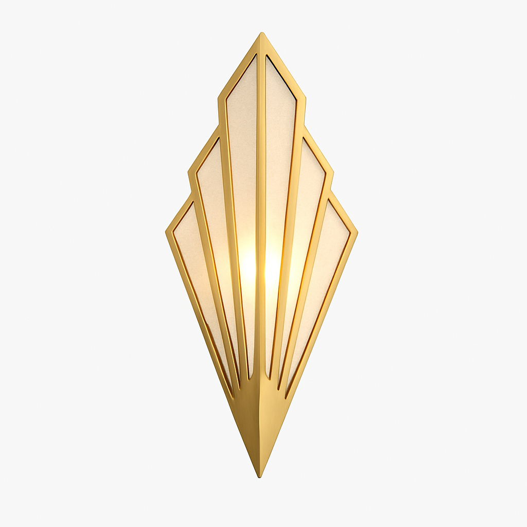 Gold fan sconce lit and shown against a plain light background