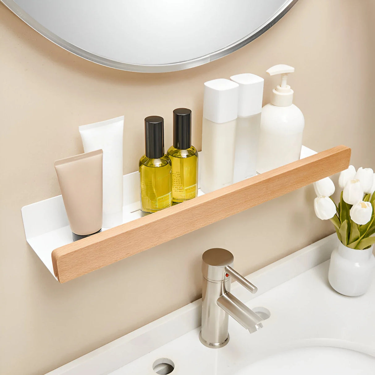 Beech Wood Wall Bathroom Shelf with Aluminum Rail, No-Drill