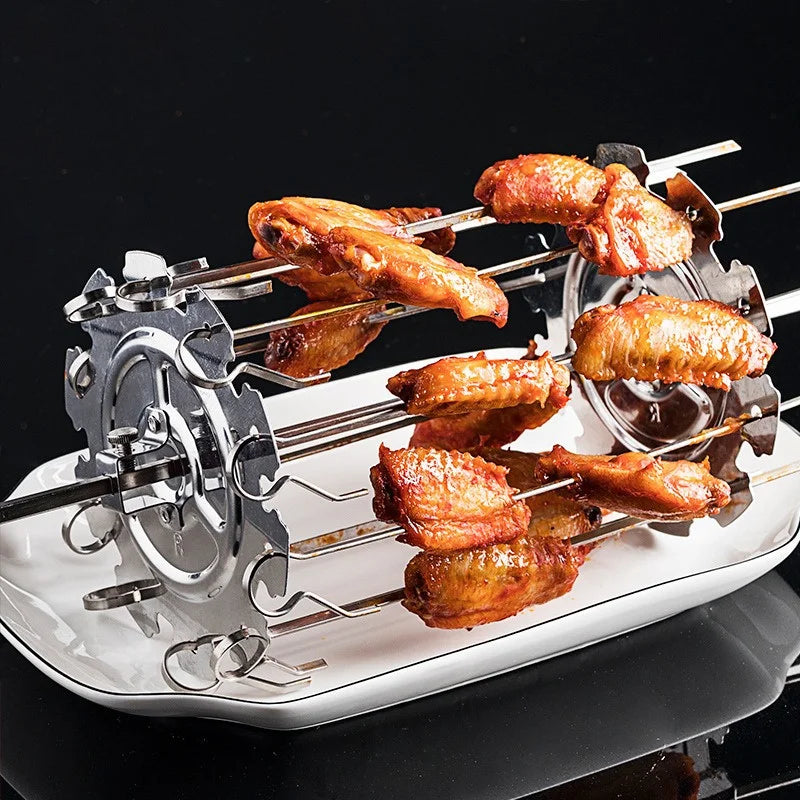 BBQ rotating skewers cooking meat and vegetables evenly