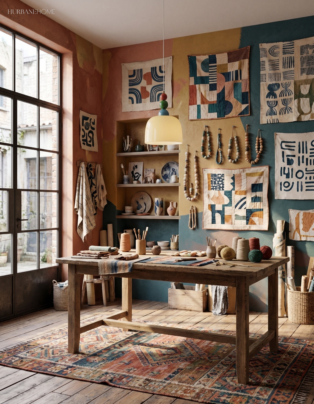 Beaded pendant light above a worktable in a blue studio hung with prints