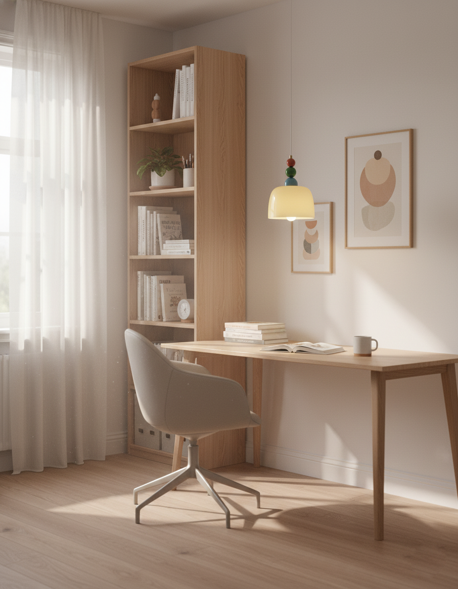 Beaded pendant lighting a home office desk beside a tall oak bookcase