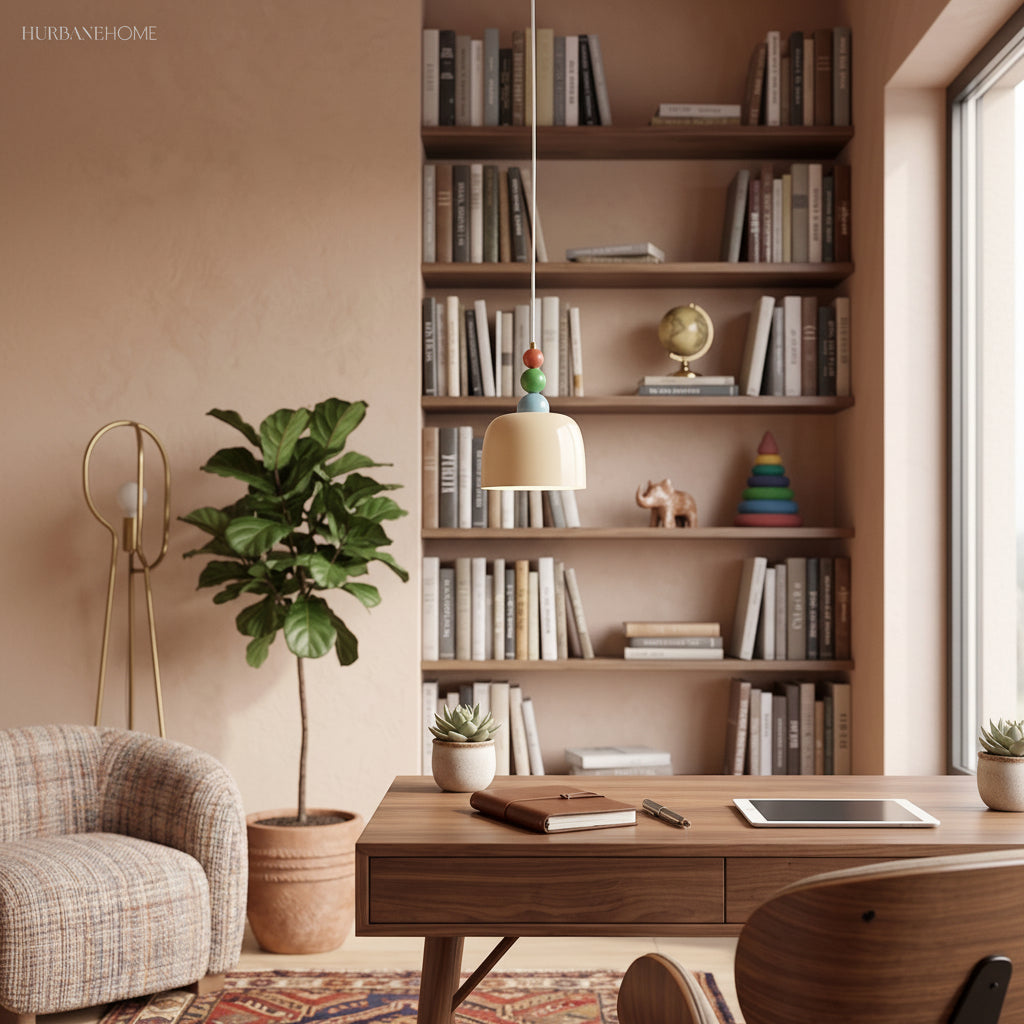 Beaded pendant hanging beside tall bookshelves above a timber writing desk