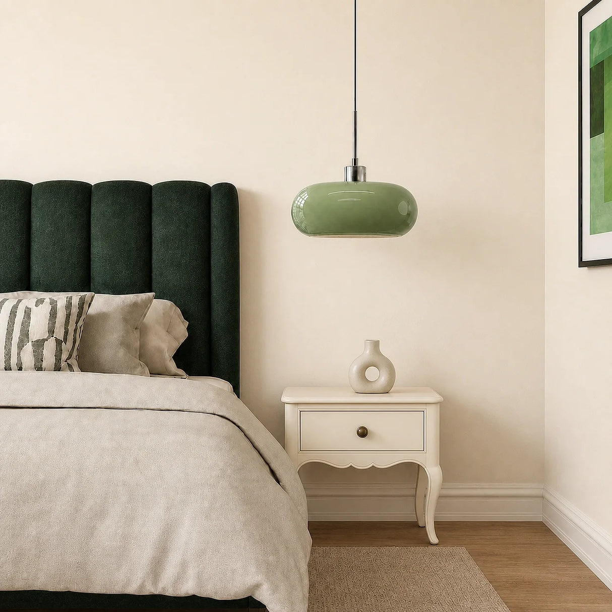 Green glass pendant light beside a bed in a bedroom corner