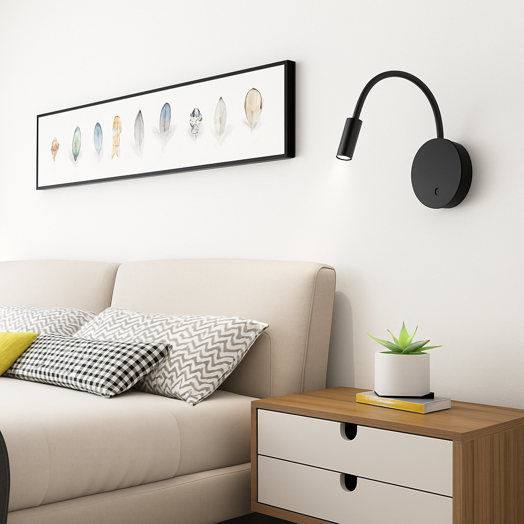 Black reading light above a bedside table beside a framed print