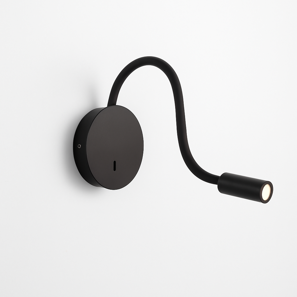 Black reading light shown flat against a plain white background