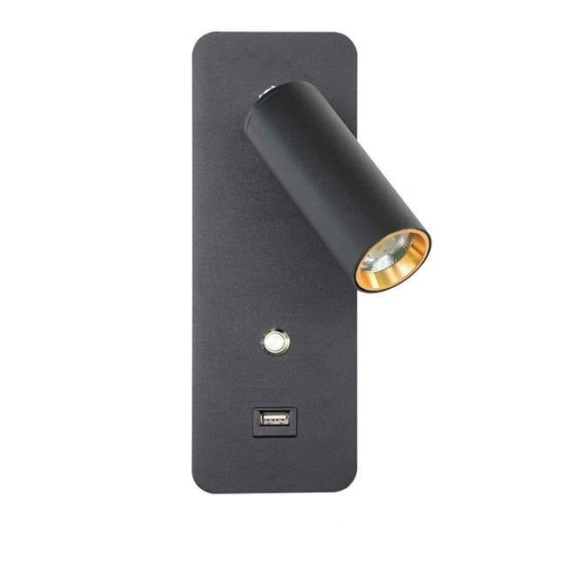 Black bedside reading light seen from the front with the head raised