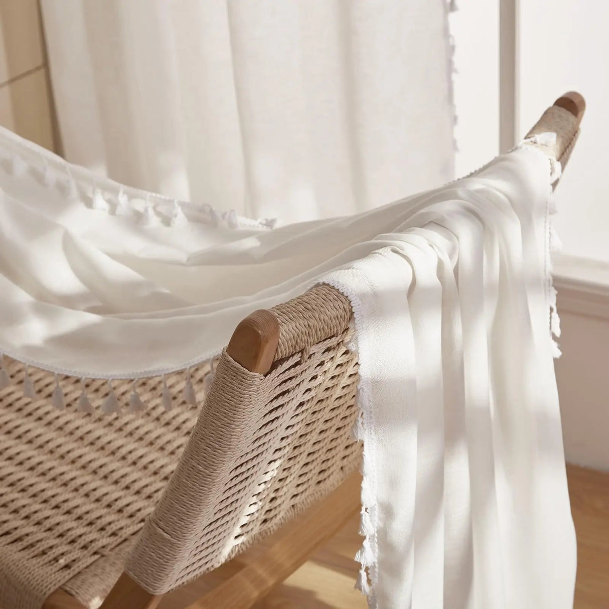 Beige Linen Curtain Panels – Boho Tassel French Country Sheer Drapes - Hurbane Home