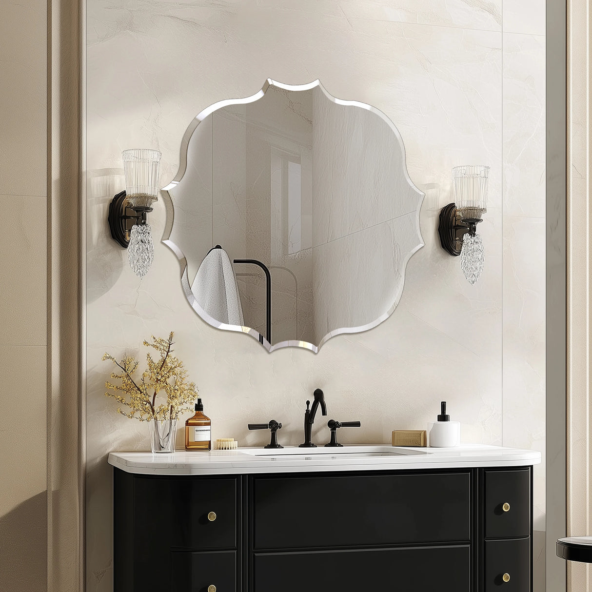 Scalloped wall mirror with irregular fan-shaped silhouette