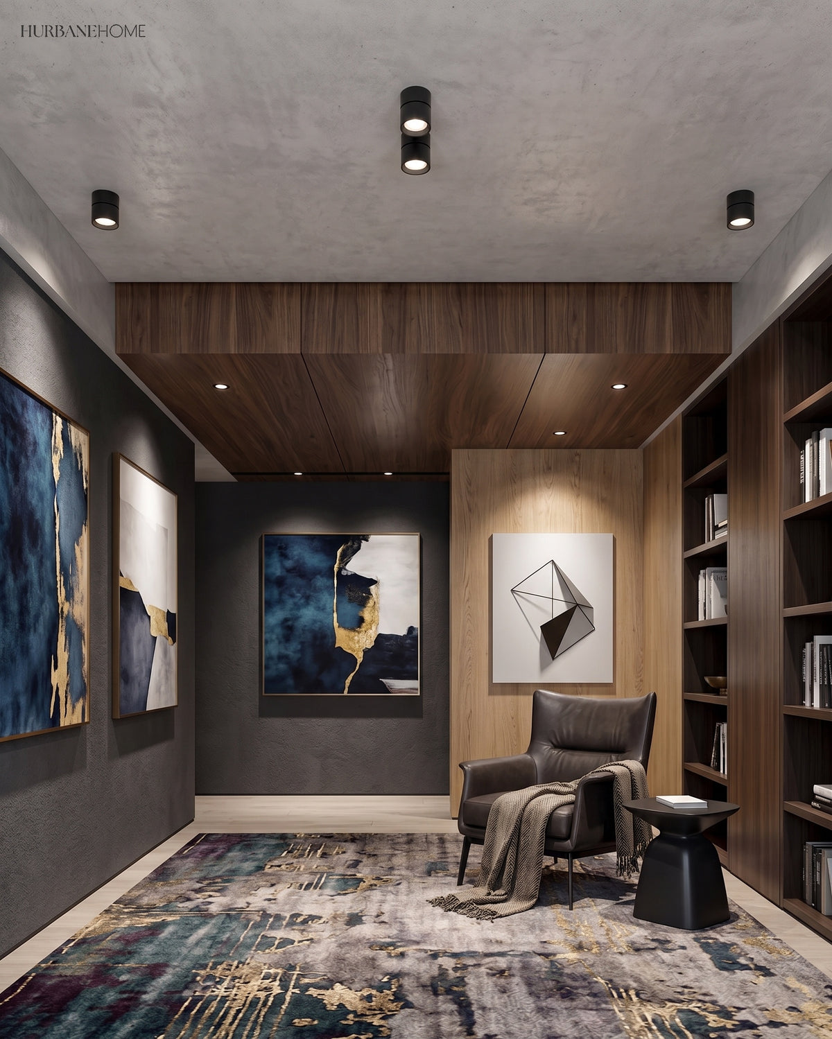 Black ceiling spot lights above a dark panelled study with artwork and an armchair